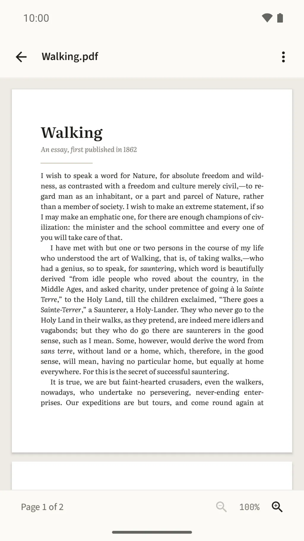 A PDF essay open at page 1 of 2, its page fit to the screen width at 100% zoom
