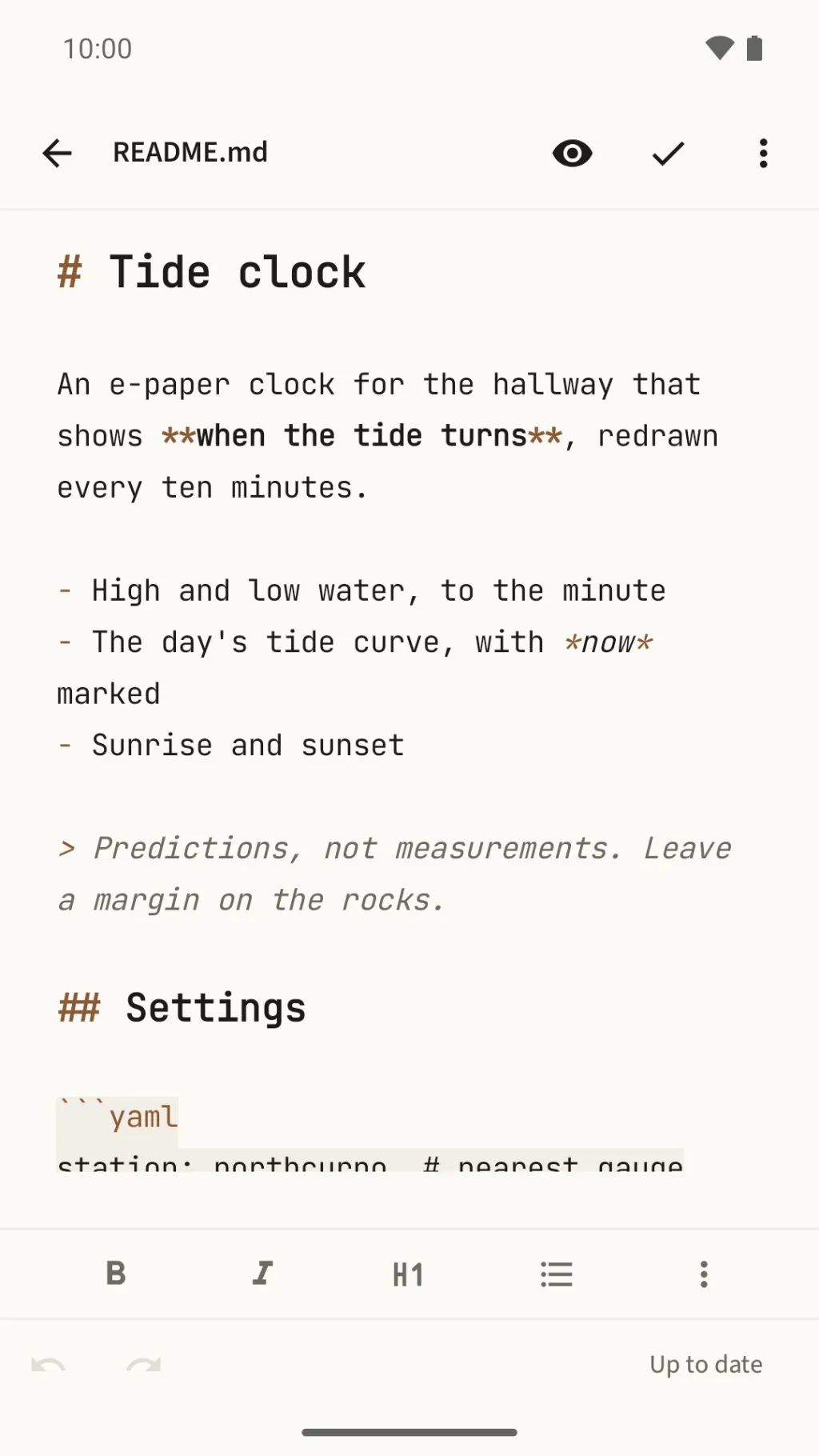 Octothorpe's editor in the Paper theme, styled as you type: a README with a heading, bold, a list and a quote, every mark in view and tinted, the eye in the top bar, and the formatting toolbar below